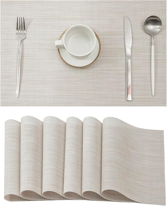 Leetaltree Beige White Placemats Set of 6 - Heat Resistant Non-Slip Place mats for Dining Table, Washable Durable PVC Vinyl Woven Table Mats(Beige White, 6)