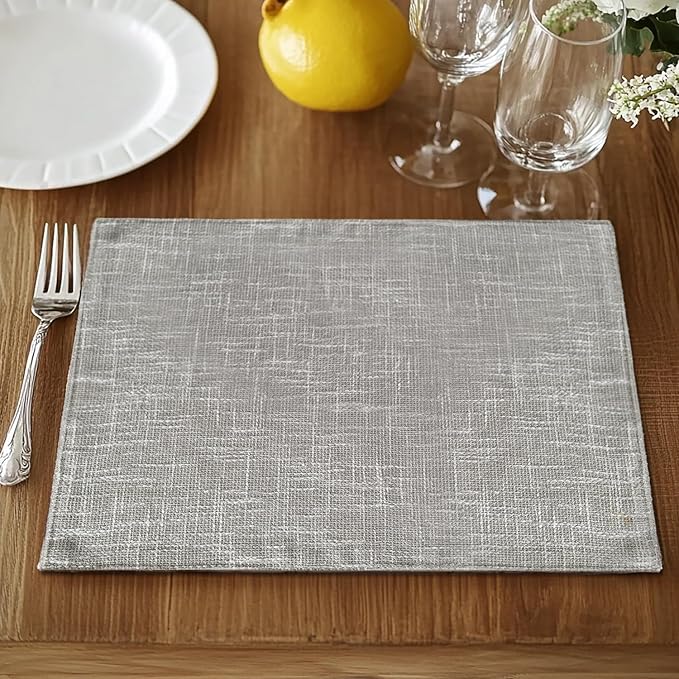 JINCHAN Burlap Textured Placemats Set of Four Farmhouse Cloth Place Mats Gray Table Mats Sturdy Fabric Placemats for Kitchen Dining Table Double Layer Heat Resistant Tablemats 13 x 19 Inch Grey