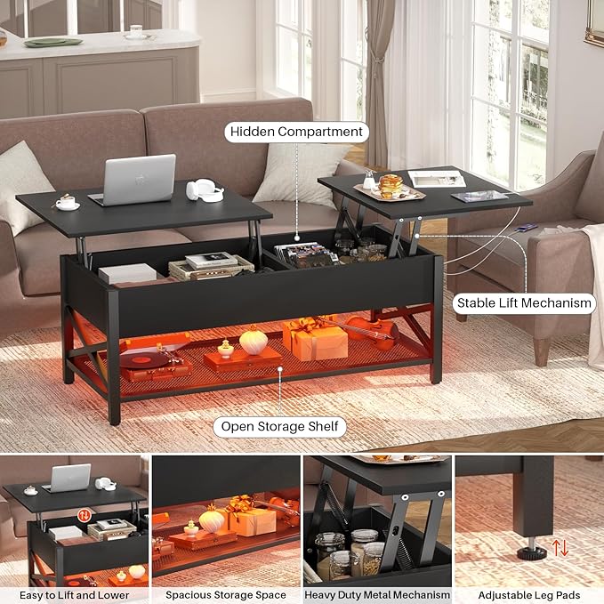 Aheaplus Black Lift-Top Coffee Table with LED Light, Power Outlets and Storage Shelf, 41.7"W x 19.69"L x 19.7"H