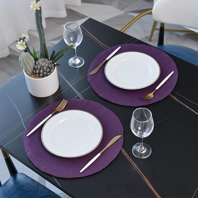 Set of 4 Round Placemat 15 Inch Soft Linen eco-Friendly Fabric Handcrafted Machine Washable Indoor & Outdoor Tablemat Dark Purple