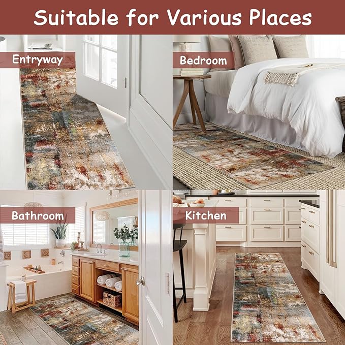 Lahome Washable Kitchen Runner Rug Non Skid, 2x7 Soft Bedroom Rug Runners for Hallways Non Slip, Soft Modern Abstract Floor Carpet Runner for Bathroom Entryway Stair Coffee Table Bar,Red/Multi