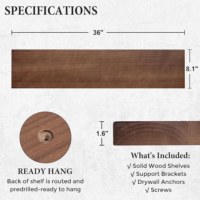 Axeman Floating Shelves, 8 Inch Deep Modern Solid Wood Wall Shelves for Storage, Wall Mounted Display Shelving with Invisible Heavy-Duty Metal Bracket, 36" W x 8" D x 1.6" H, Walnut