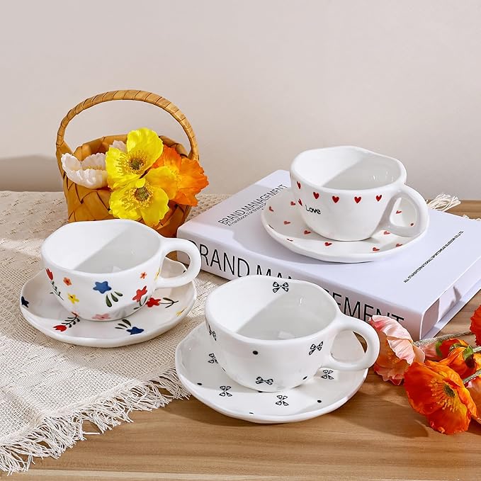 Koythin Ceramic Coffee Mug with Saucers, Handmade Flowers Mugs, Cute Cup for Girl Women, Aesthetic Tea Milk Cup with Handle, 8.5 oz/250 ml for Latte, Cocoa, Office, Home (Little Heart Love)
