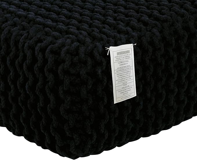 COTTON CRAFT Braided Footrest - Handknitted Cotton Cord Dori Foot Stool Ottoman - Low Floor Pouf - Lightweight Portable - Small Spaces Living Room Bedroom Entryway Under Desk - 14 x 8 Square - Black