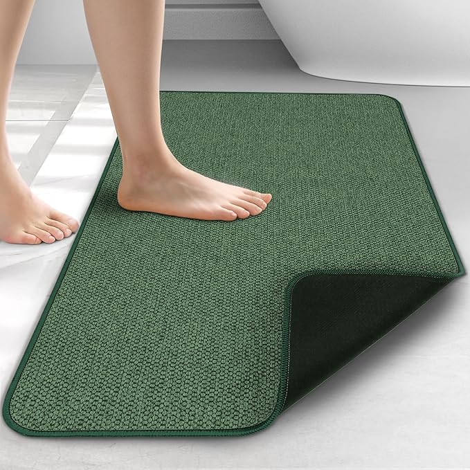 Upgraded Thin Bathroom Rugs, Bath Mat Super Absorbent, Bath Rugs Rubber Backing Non-Slip, Quick Dry Machine Washable, Cozy Cloth Bathroom Mat fit Under Door/Sink/ Bathtub/Shower/Kids 17''x27''-Green