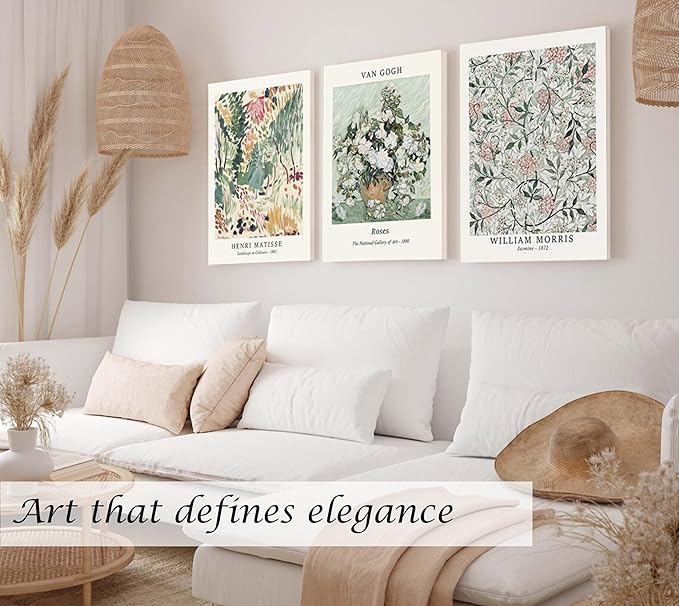 Induslyfe Large Framed Sage Green Vintage Wall Art Canvas Decor Set of 3, Matisse Wall Art Prints Poster Mid Century Modern Art, Aesthetic Floral Botanical wall art, bedroom living room bathroom 18x24