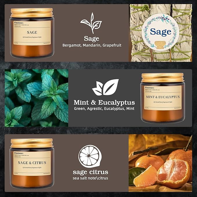 9 Pack Soy Candles for Home Scented |(Sage/Mint & Eucalyptus/Sage & Citrus) Long-Lasting 270 Hours, Natural Scented Candles Gift for Women & Men, Birthday, Mother’s Day, Christmas, Thanksgiving