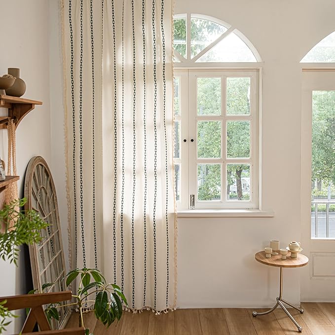 Sutuo Home Boho Curtains 84 Inches Long for Bedroom Living Room, Bohemian Drape,Light Filtering Country Semi Blackout Farmhouse Window Treatment Rod Pocket, 1 Panel W52 x L84,White and Hunter Green