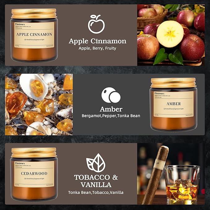 9 Pack Soy Candles for Home Scented |(Apple Cinnamon/Amber/Vanilla) Long-Lasting 270 Hours, Natural Scented Candles Gift for Women & Men, Birthday, Mother’s Day, Christmas, Thanksgiving