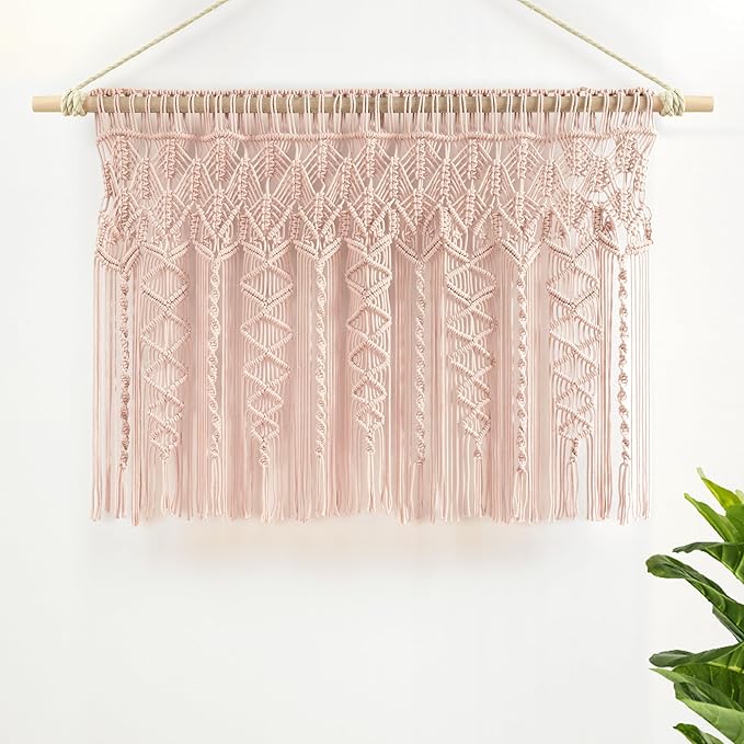 Lush Decor Boho Macrame Textured Cotton Valance, 40" W x 30" L, Blush - Boho Kitchen Curtains & Wall Decor - Macrame Valance - Bathroom Window Curtains