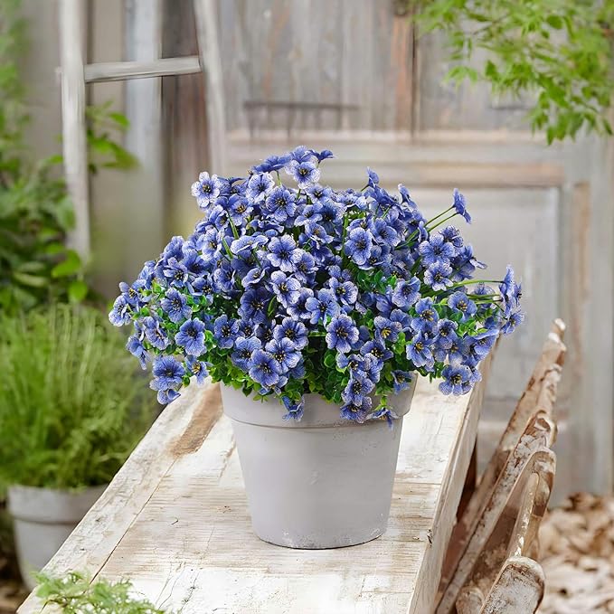 24 Bundles Artificial Flowers for Outdoors Decoration, UV Resistant Silk Violet Faux Colorful Daisy Eucalyptus Spring Fake Plants for Outside Indoor Yard Home Patio Porch Decor, Blue