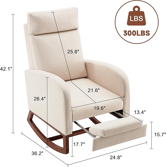 Rocking Chair Nursery Chair with Foot Rest, Nursery Rocking Chairs with High Back, Glider Rocking Chair with Pocket, Baby Nursery Glider Rocker, Nursing Chair Accent Living Room (Linen Beige)
