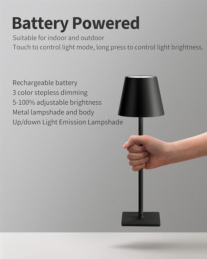 KDG 2 Pack Cordless Table Lamp,Portable LED Desk Lamp, 5000mAh Battery Operated, 3 Color Stepless Dimming Up, for Restaurant/Bedroom/Bars/Outdoor Party/Camping/Coffee Shop Night Light(Black)