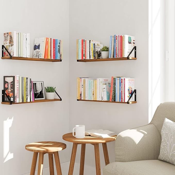 Wallniture Ponza Floating Shelves for Wall, 24" Rustic Wood Wall Shelves for Bedroom Decor, Living Room Book Shelf, Kitchen Organization Walnut Set of 4