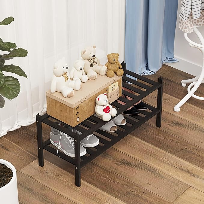 Shoe Rack, 2-Tier Bamboo Stackable Shelf Storage Organizer, Stand for Closet, Entryway and Hallway (Black)