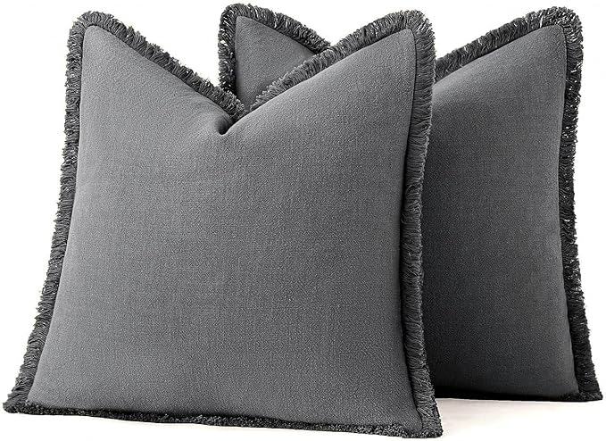 MIULEE Decorative Throw Pillow Covers Neutral Linen Fringe Throw Pillows Set of 2 Dark Grey Boho Farmhouse Cushion Covers with Tassels for Couch Sofa Bed Living Room Spring Home Decor 20x20 Inch