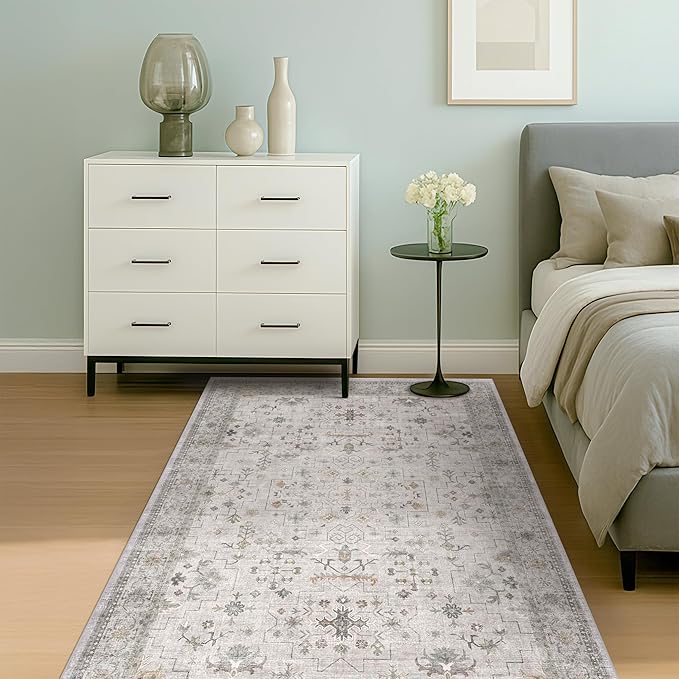 Boho Light Grey 5x8 Living Room Rug - Modern Vintage Eclectic Floral Pastel Neutral Taupe, Washable Low Pile Non-Slip Large Area Rugs for Nursery Dining Under Table Bedroom Lounge