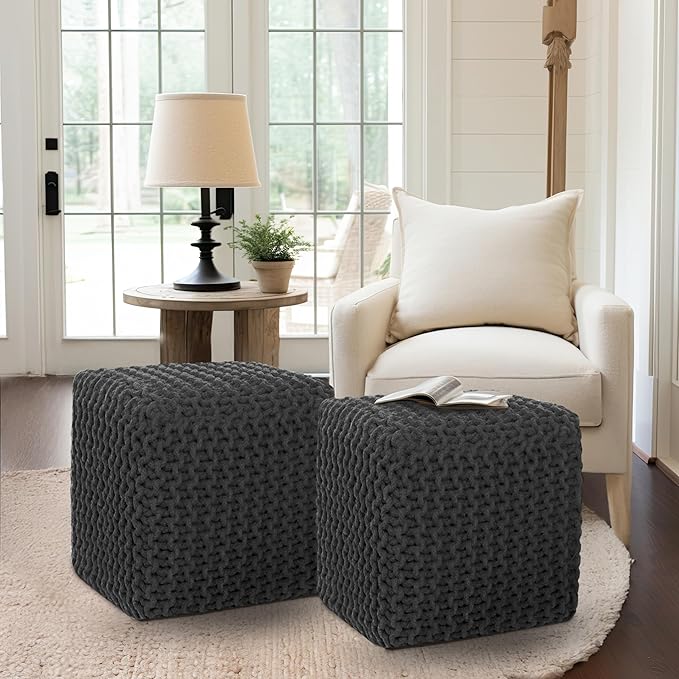 COTTON CRAFT Braided Cube Pouf - Hand Knitted Cotton Cord Cable Dori Ottoman - Foot Stool - Floor Pouf - Footrest - Portable Lightweight Accent Seat - Living Room Bedroom Dorm - 15 x 15 Square - Grey