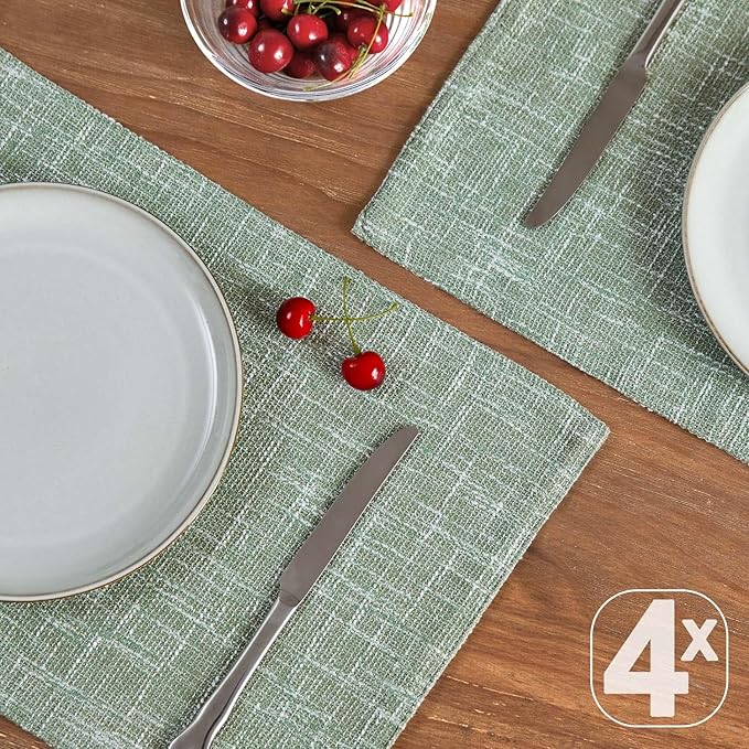 JINCHAN Burlap Textured Placemats Set of Four Farmhouse Cloth Place Mats Table Mats Sturdy Fabric Placemats for Kitchen Dining Table Double Layer Heat Resistant Tablemats 13 x 19 Inch Sage Green