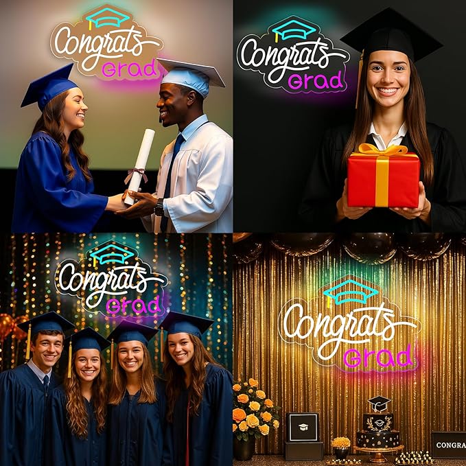 Congrats Grad Neon Sign, Graduation Light up Sign with Cap, LED Adjustable USB Powered Neon Light for Prom Party Class Room Dorm Photos Background Wall Art Decoration Celebration Gifts (16" x 12.5")