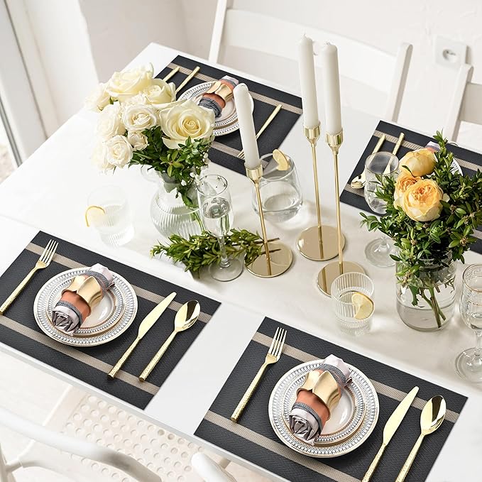 Black Placemats Set of 4 - Easy Clean Modern Durable Washable Vinyl Place Mats - Heat Resistant Placemats for Kitchen Table - PVC Table Mats for Dining Table (Black with Stripes, 4)