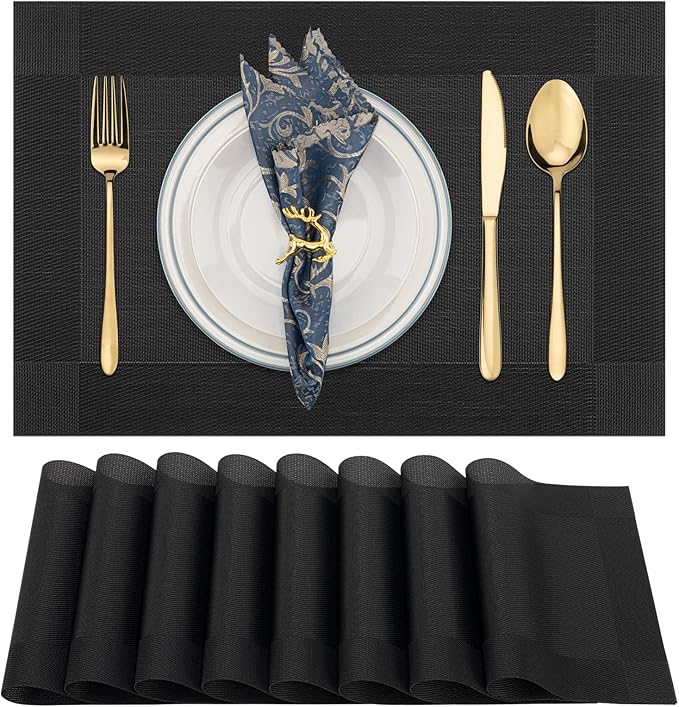 Winknowl Placemats, Set of 8 Heat Resistant Stain Resistant Woven Vinyl Insulation Place mats, Durable Washable Elegant Table Mats for Dining (Black)