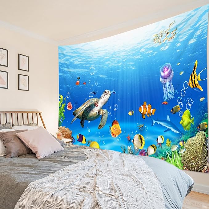 HVEST Sea Turtle Tapestry Tropical Fish Jellyfish and Coral Reef Under Blue Sea Wall Hanging Blanket Ocean Tapestries for Bedroom Living Room Dorm Decor,80Wx60H inches