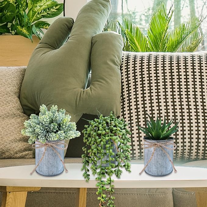 Winlyn Set of 3 Small Artificial Succulent Potted Plants Faux Aloe Hops Hanging Succulent in Rustic Galvanized Metal Pots Fake Plant Decor for Farmhouse Home Office Wedding Windowsill Table Shelf