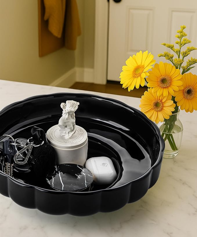Nucookery Ceramic Petal Fruit Bowl for Kitchen Counter, 11 Inch Modern Decorative Bowl, Elegant Fruit & Vegetable Storage Container, Large Bread Basket, Black
