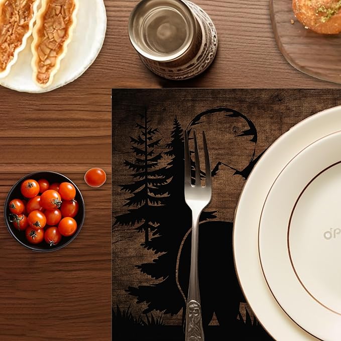 Bear Lodge Placemats Set of 6,Washable Heat Resistant 12×18 Inch Linen Table Mats Farmhouse Wooden Place Mats for Party Outdoor Dining Décor