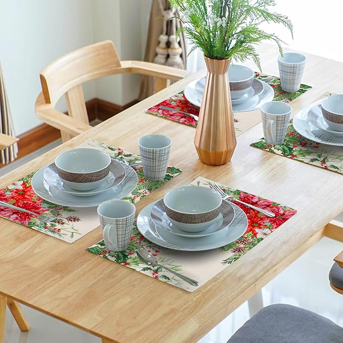 Giwawa Poinsettia Placemats Set of 4, 12x18 Inch Watercolor Christmas Red Floral Linen Table Mats for Kitchen Dining, Winter Holly Berry Pine Cones Washable Heat Resistance for Party Holiday Decor