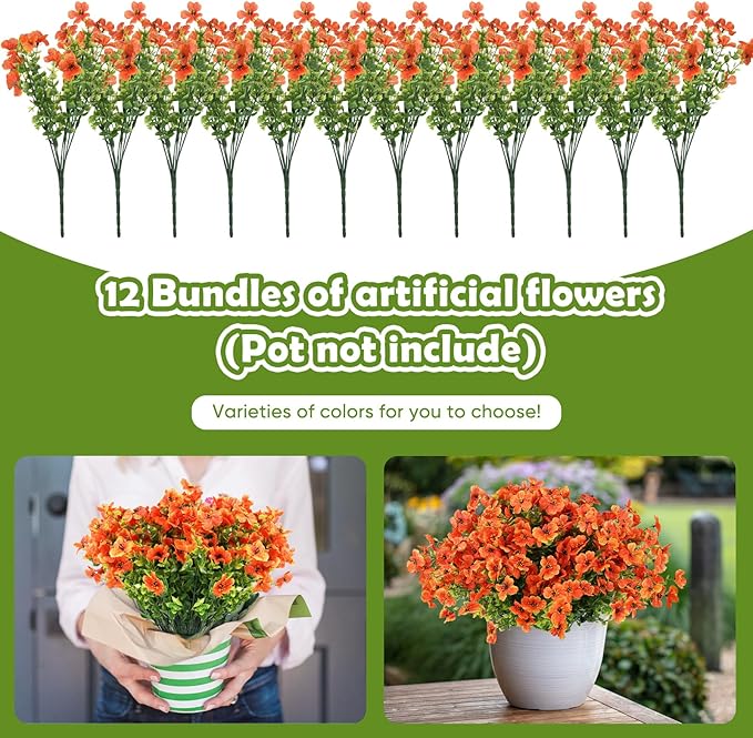 Artificial Flowers for Outdoors, 12 Bundles Artificial Plants & Flowers Outdoor, UV Resistant Faux Flowers Silk Fake Flower for Outside Porch Pot Window Garden Planter Decoration (Orange)