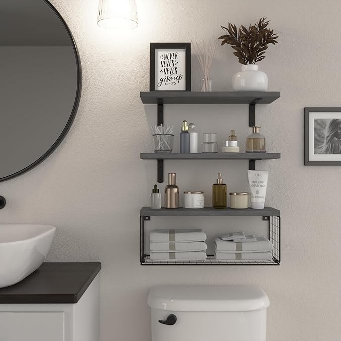 WOPITUES Bathroom Shelf Over Toilet, Floating Bathroom Shelf Wall Mounted with Wire Basket, Floating Shelf for Wall Décor-Modern Grey