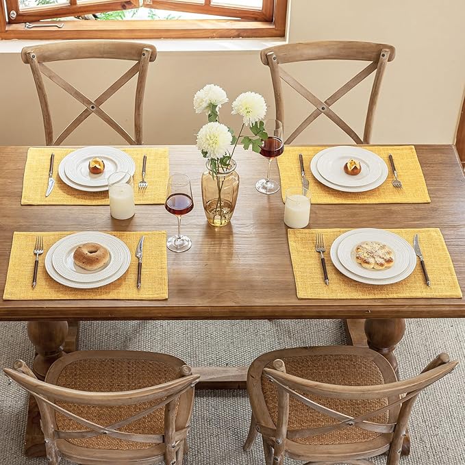 Placemats Set of 4, Dual-Layered Thickened Faux Linen Cloth Place Mats Heat Resistant Machine Washable Wrinkle Free Table Mats Indoor/Outdoor (Yellow)