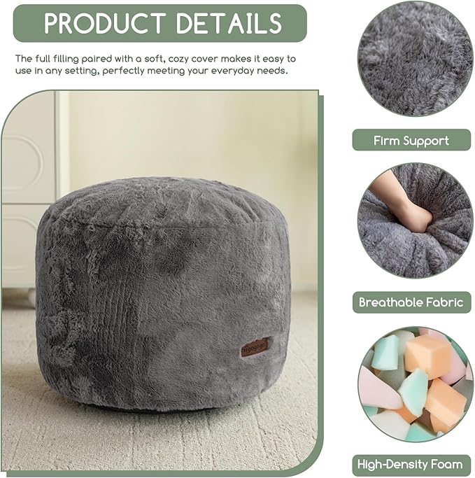 HIGOGOGO Pouf Stuffed Ottoman Round Modern Foam Filled Foot Rest Chair Decorative Poufs 20 x 15 Inches Fluffy Boho Comfy Stool for Living Room, Grey