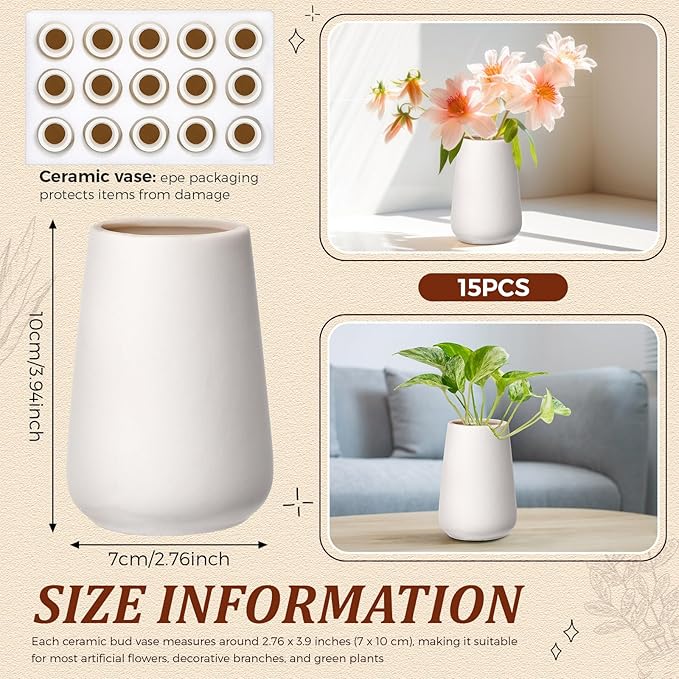 Tioncy 15 Pack White Ceramic Bud Vases Bulk 3.9 Inch Boho Small Flower Ceramic Vases for Centerpieces for Dry Flowers Pampas Garss Home Wedding Table Decor(Stylish)