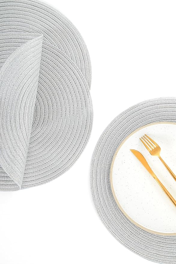 Floroom 15 Inch Round Braided Placemats Set of 6, Washable Heat Resistant Cotton Polyester Circle Place Mats for Kitchen Dining Table - Shimmer Silver