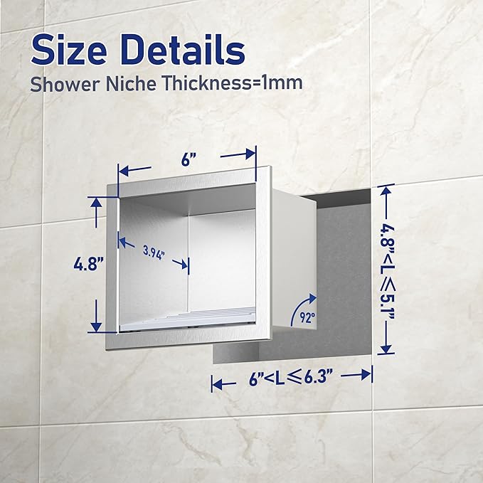 Shower Niche, 304 Stainless Steel Stool for Bathroom, Recessed Footrest w/Over Mount Installation, No Tile Need (Brushed, 4.8''x6'')