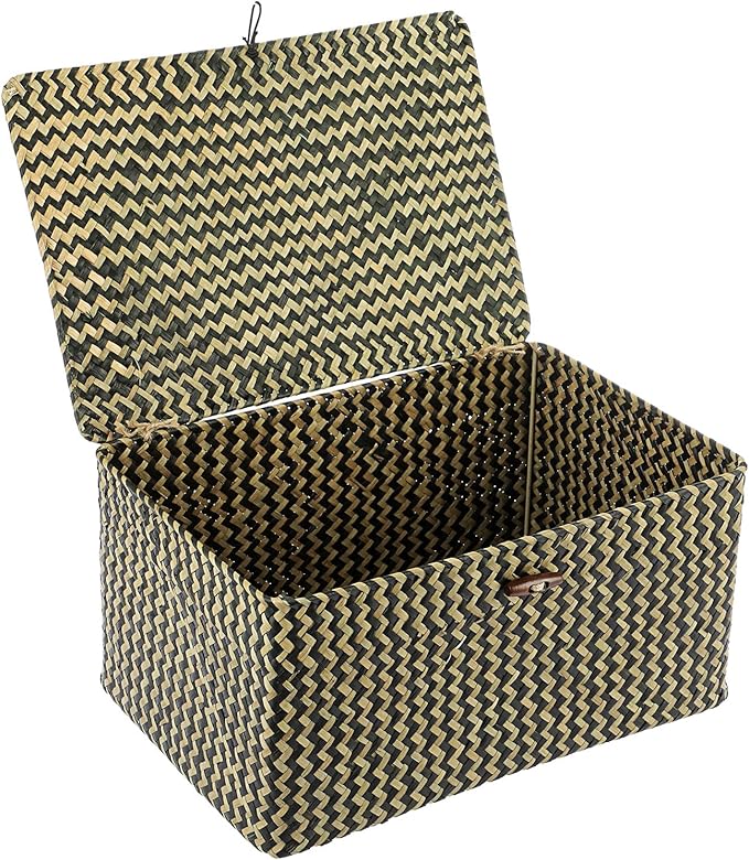 Hipiwe Wicker Shelf Baskets Bin with Lid, Handwoven Seagrass Basket Storage Bins Rectangular Household Basket Boxes for Shelf Wardrobe Home Organizer,Black,Large