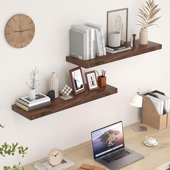 Fun Memories 9.3 Inch Deep Floating Shelves, 36" x 9.3" Rustic Wood Wall Shelves 36 Inch Long, Large Wall Shelves for Book, Living Room, Bedroom, 36" W x 9.3" D x 1.5" H, Walnut Color, Set of 2