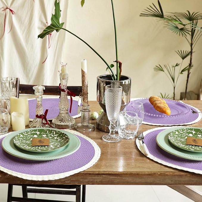 Noctiflorous Round Braided Placemats Set of 4 Table Mats 15 Inches Washable Heat Resistant for Dining Table Non-Slip Indoor Outdoor Place Mats for Easter(02 White Edge Purple 4)