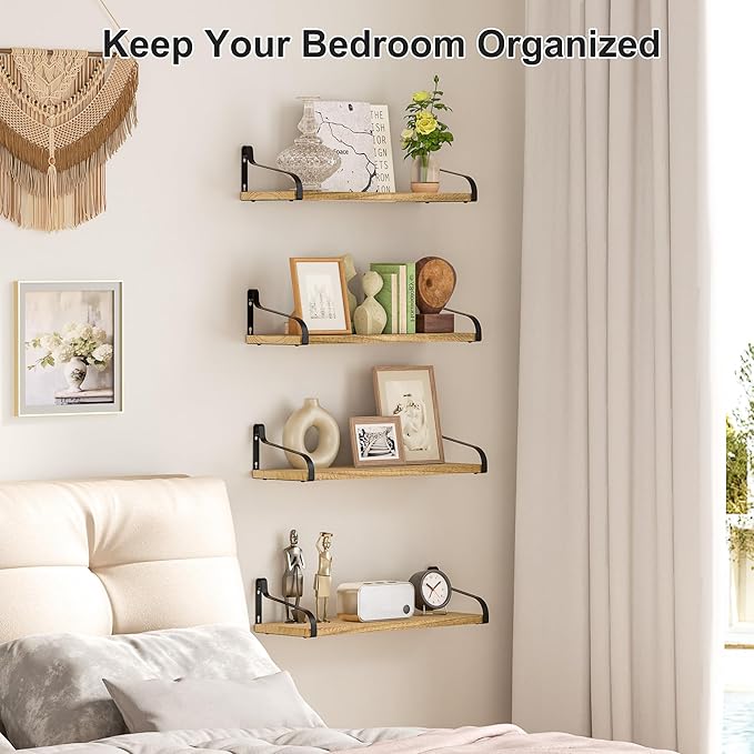 Love-KANKEI Floating Shelves for Wall Set of 4, 15.7 Inch Wood Wall Shelves with Bracket, Rustic Hanging Shelves for Bathroom, Bedroom, Kitchen, Living Room,Office Display Carbonized Black