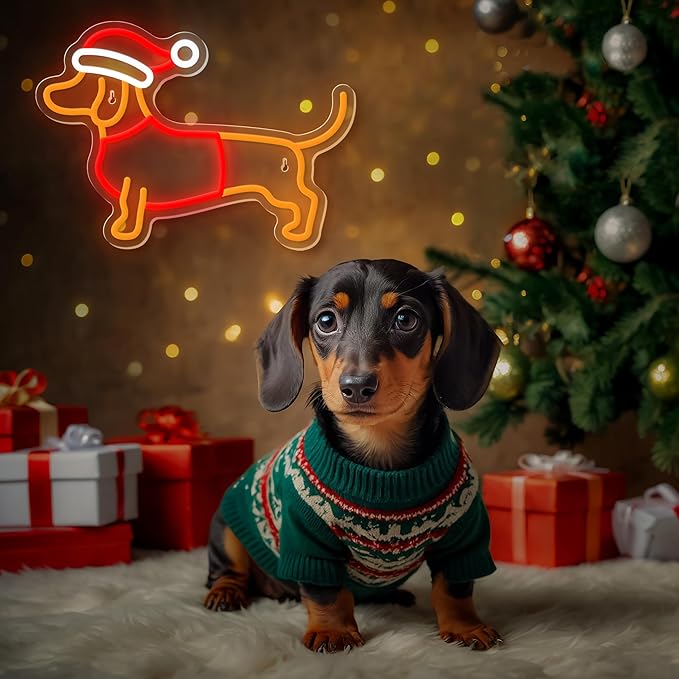 Dimmable Dachshund Neon Sign - Cute Dog with Christmas Hat - Led Light Sign for Home, Bedroom, Party Decor