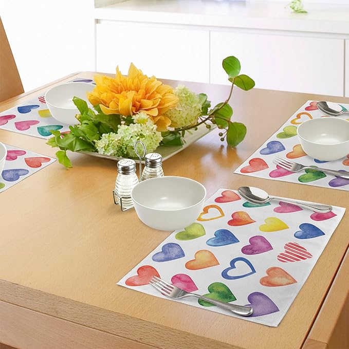Ambesonne Grunge Place Mats Set of 8, Rainbow Color Heart Shapes Valentine's Day Design Romantic His and Hers Theme, Washable Fabric Placemats for Dining Table, Placemat 8 pcs, Red Multicolor