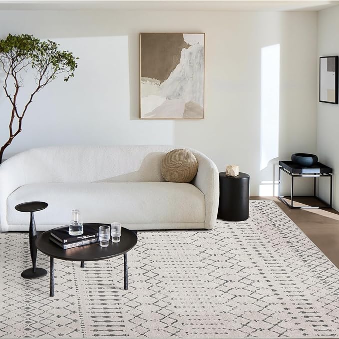 Deerly Large Area Rug 8x10 Living Room, Machine Washable 8 x 10 Rug Boho Moroccan Farmhouse Style, Ultra Soft Neutral Indoor Carpet for Bedroom Dining Room Playroom Office, Off White/Grey