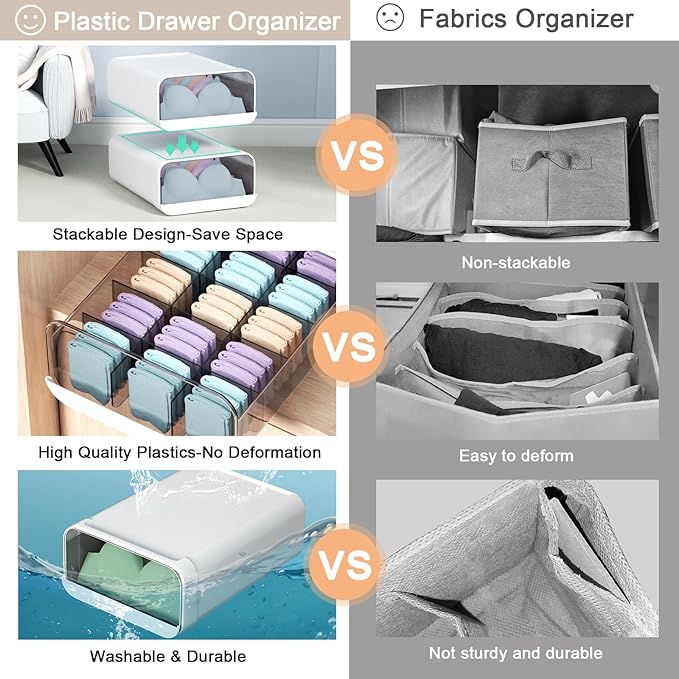 Underwear Organizer Drawer, 10 Cells Plastic Sock Underwear Storage Drawer, Stackable Closet Organizers and Storage Box for Bras, Socks, Scarves, Ties, Belt (Queen Size-White, 1 Pcs)