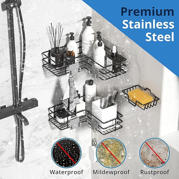Corner Shower Caddy 3 Pack, Adhesive Shower Organizer with 4 Hooks And Soap Holder, Rust Proof Bathroom Shelf Wall Mounted Shower Shelves