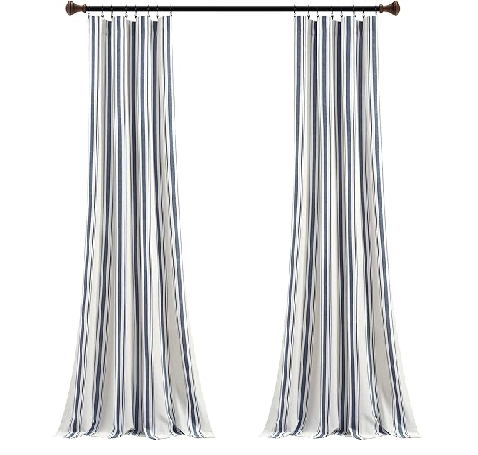 Lush Decor Farmhouse Stripe Yarn Dyed Cotton Window Curtain Panel Pair, 42" W x 84" L, Navy - Classic Modern Rustic Charm - Eco Friendly Cotton Fabric(2 count pack of 1)