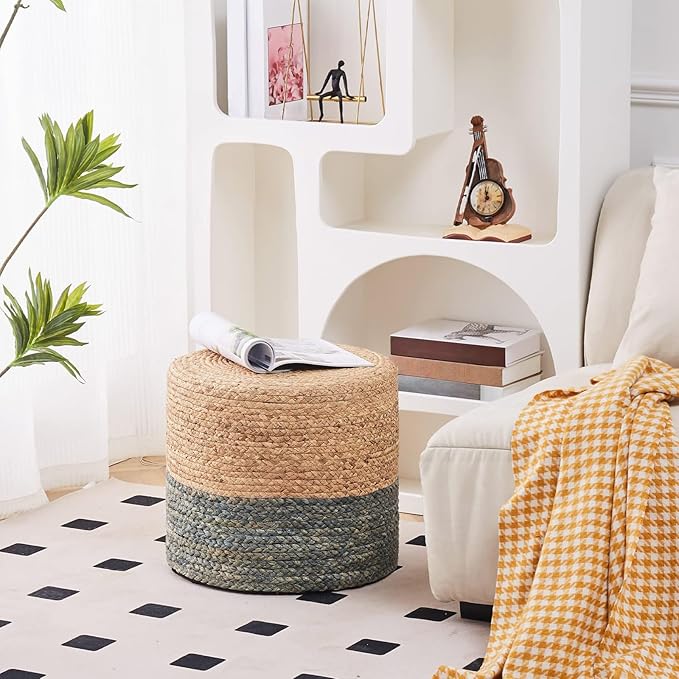 Wimarsbon 18'' Ottoman Pouf, Natural Braided Poof, Rustic Handweave Lounge Pouffe, Boho Footrest Stool for Bedroom, Accent Table or Seat for Living Room (Dusty Blue)