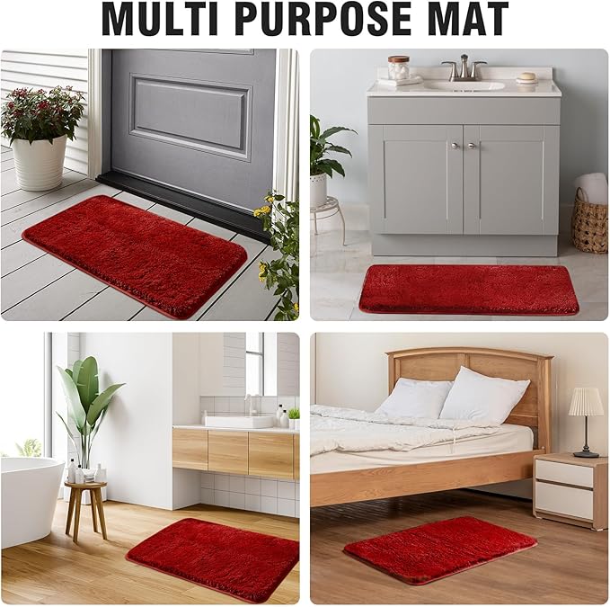 TECHMILLY Super Soft Shaggy Bathroom Runner Rugs, Absorbent Thick Non Slip Microfiber Bath Rugs, Quick Dry Machine Washable Bath Mat for Bathroom Floor, Bathtub and Shower 17"x47" Red